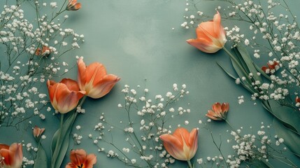 Vibrant tulips paired with delicate baby breath flowers on a mint green background for a spring-inspired composition