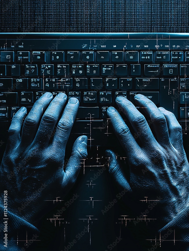 Poster a professional setting where a person is unknowingly being watched while typing sensitive informatio