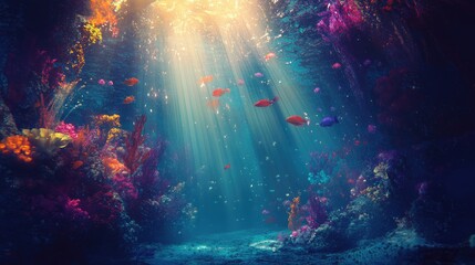 Vibrant underwater background with light rays creating a mystical, serene ambiance.