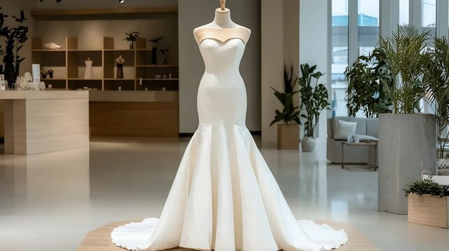 A front facing photograph of a minimalist strapless wedding dress displayed on a mannequin showcasing subtle fabric details and standing in a modern showroom with a clean and neutral background