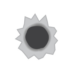 A bullet hole. The hole from the shot. A hole in the metal from a gunshot. Vector illustration isolated on a white background