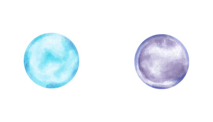 Water bubbles. Watercolor and marker illustration. Abstract blue and purple water drops. Hand drawn isolated art. Clipart of soap round transparent bubbles. For design, soap, shampoo, cosmetics