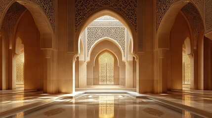 Fototapeta premium Warmly lit arches with intricate designs in a serene and harmonious interior, evoking a sense of peace and elegance