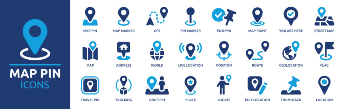 Map pin icon set. Containing location, map marker, address, position, tracking, geolocation, place and more. Solid vector icons collection.