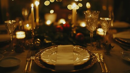 White plates paired with gold utensils on a chic holiday table, surrounded by festive decorations and warm candlelight