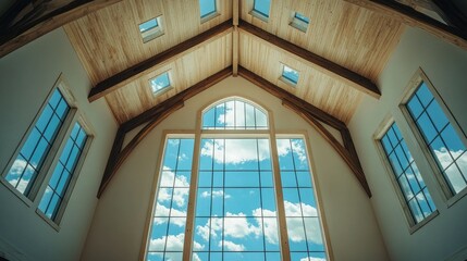 Fototapeta premium Wide-angle view of a spacious indoor area with high ceilings and windows framing a picturesque sky.