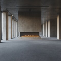 Obraz premium Modern interior with a minimalist concrete fireplace.
