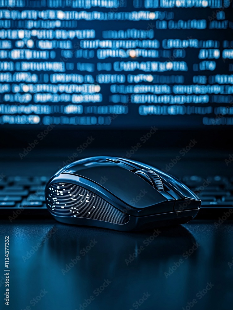 Poster a close-up of a computer mouse with a malware alert on the screen in the background, the scene is se