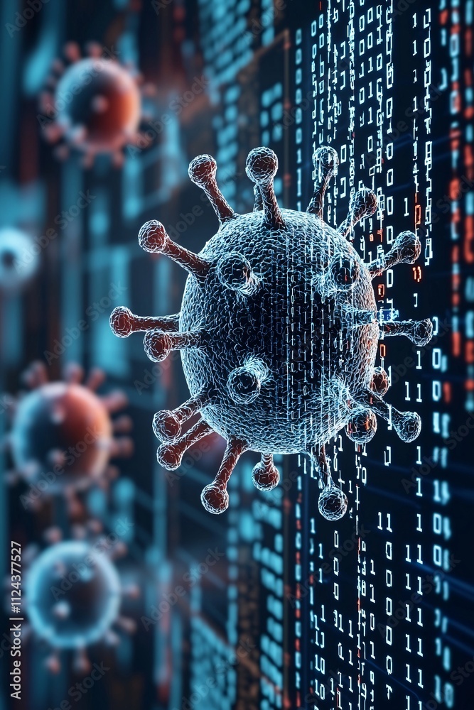 Poster a virus icon superimposed on a blurred computer screen with malware code, leaving plenty of copy spa