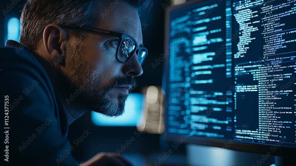 Poster a cybersecurity professional analyzing a screen filled with malware warnings and code, set against a