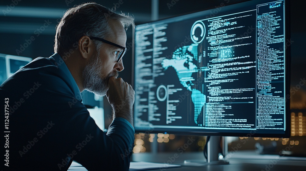 Poster a cybersecurity professional analyzing a screen filled with malware warnings and code, set against a