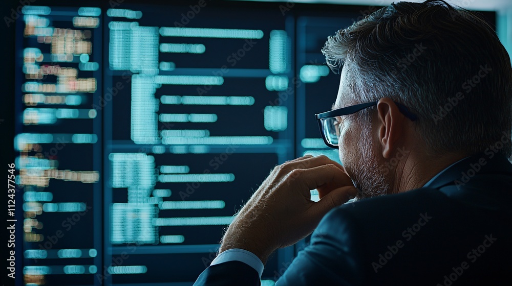 Poster a cybersecurity professional analyzing a screen filled with malware warnings and code, set against a