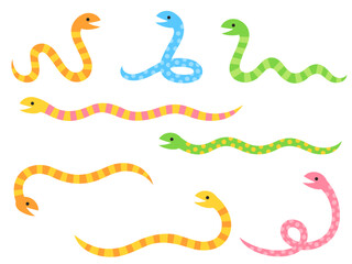 カラフルな模様のヘビのイラストセット