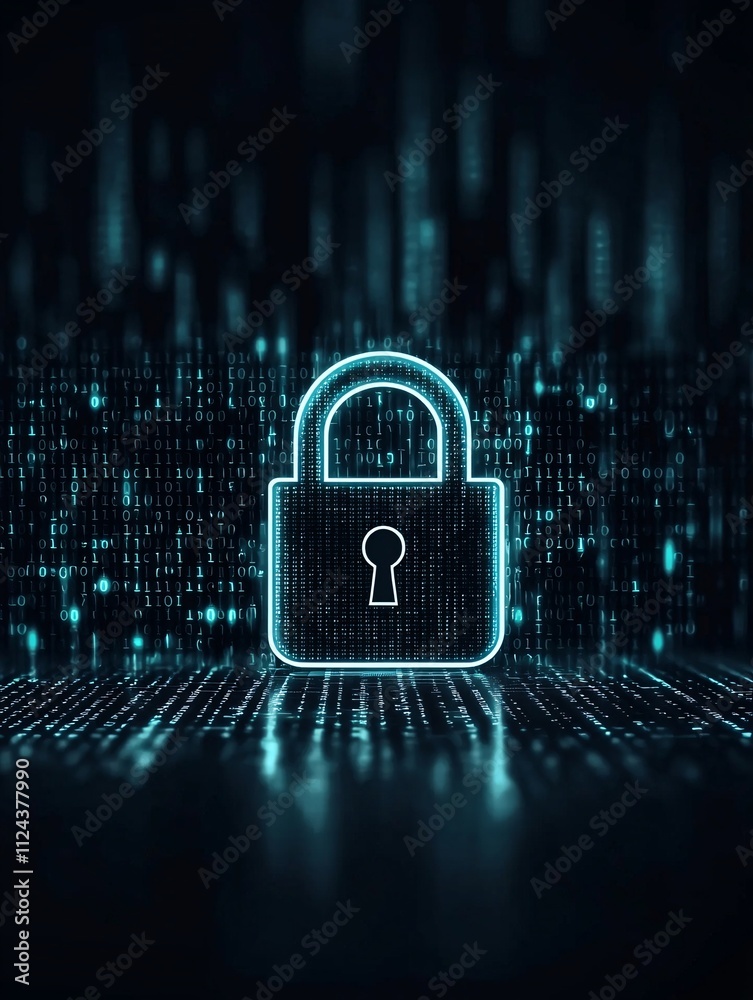 Poster a dark-themed graphic showing a lock icon with a malware alert overlay, with binary code running in 