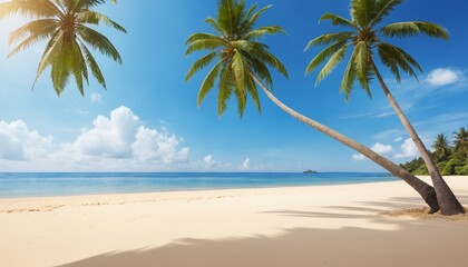 Fototapeta premium Beautiful beach with white sand, turquoise ocean, blue sky with clouds and palm tree on a Sunny day. perfect tropical landscape