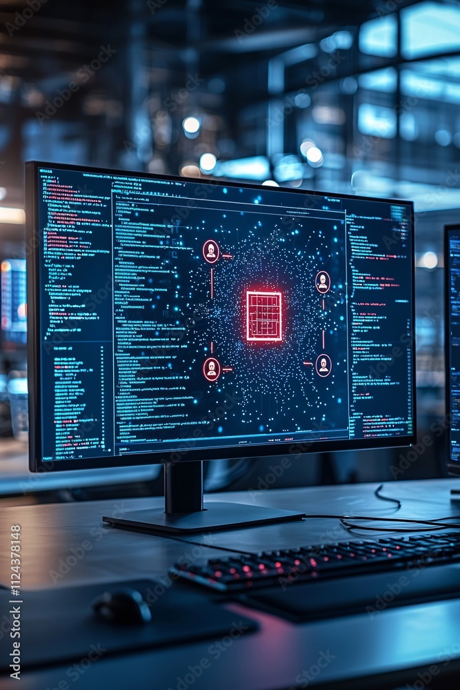 Poster a computer screen displaying a security breach due to malware, with red warning symbols and text, se