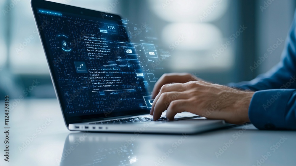 Poster a cybersecurity professional working on a laptop with code and security icons displayed on the scree