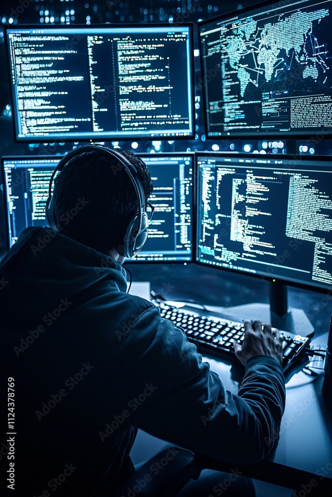 Poster a hacker typing on a keyboard with multiple screens showing security breaches being prevented, repre