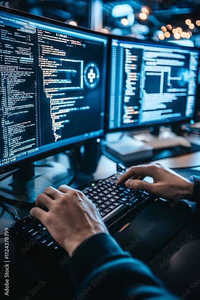 Poster a hacker typing on a keyboard with multiple screens showing security breaches being prevented, repre