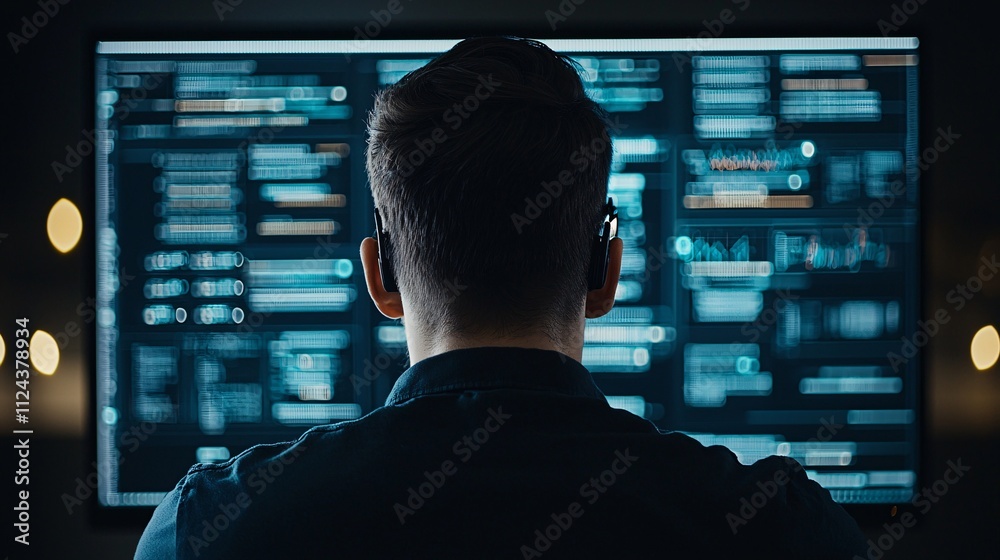 Poster a digital security expert analyzing data on a large monitor, focusing on ethical hacking practices. 