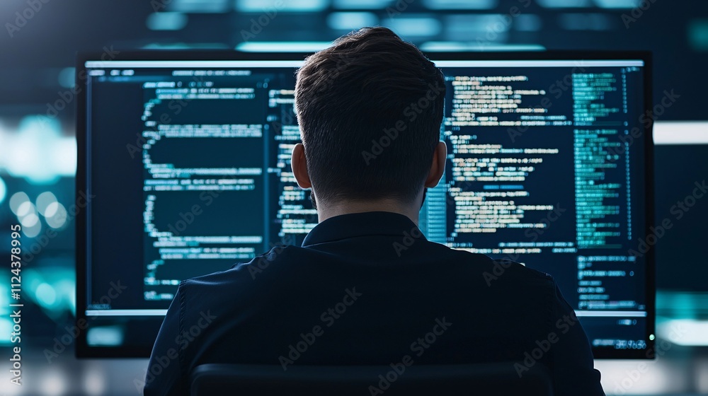 Poster A digital security expert analyzing data on a large monitor, focusing on ethical hacking practices. The image is designed with significant copy space for additional content.