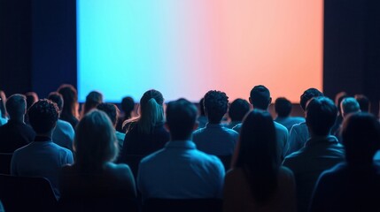 Audience watching a presentation on a large screen at a conference