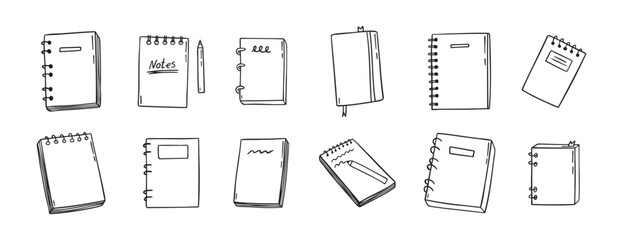 notebook doodle hand drawn icon set. Outline drawing notebooks line clipart symbol. Isolated doodle exercise book