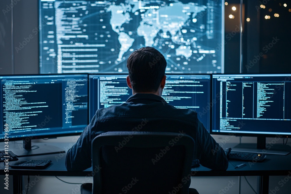 Poster a hacker analyzing data on multiple screens, focusing on ethical hacking techniques to protect syste
