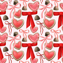Seamless Valentine's Day pattern with bows, ribbons and sweets for wrapping paper and fabric