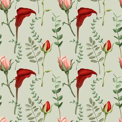 Seamless pattern with rose and calla flowers, plant twigs for paper, fabric and wallpaper