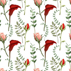 Seamless pattern with rose and calla flowers, plant twigs for paper, fabric and wallpaper
