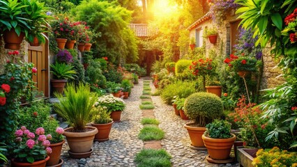 Fototapeta premium Peaceful Pebbled Pathway Garden Stroll - AI Photo