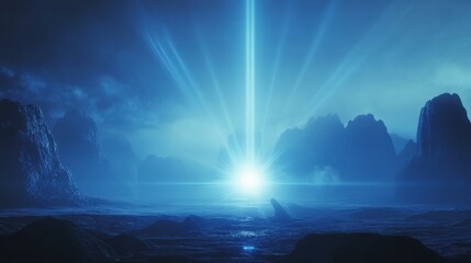 Pulsating blue laser light beams against a