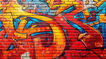 A red brick wall with intricate graffiti art, showcasing bold colors and dynamic designs.
