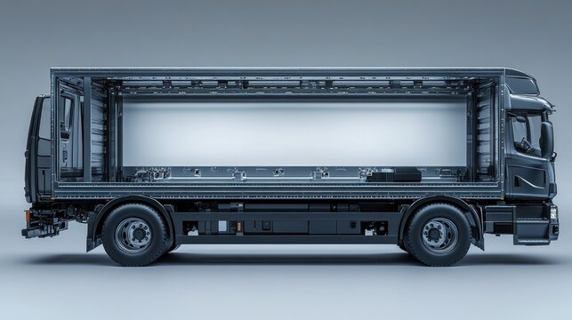 Side view of an empty truck trailer showcasing its interior structure.