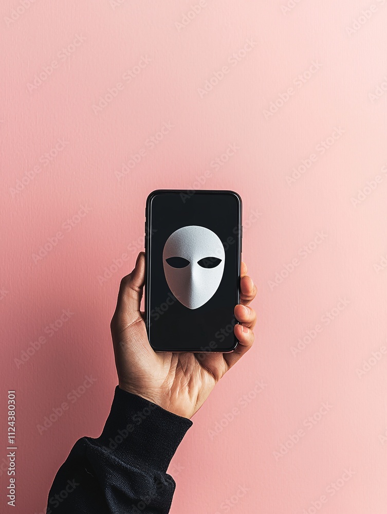 Poster a stylized image of a hand holding a phone with a masked identity icon, representing anonymous commu