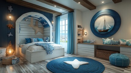 Kids room decorated in tropical and coastal style with single artwork on the wall in size 11x14 inches and blue and green shades of color