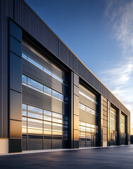 Modern warehouse exterior with steel cladding and double glazing