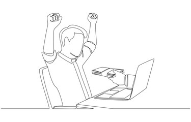 One line drawing of employer's hand coming out from laptop screen to hand bonus money to happy employee, company annual bonus concept, single line art