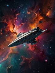 Obraz premium Starship Soaring Through Cosmic Nebula: A sleek, futuristic spaceship glides through a mesmerizing nebula.