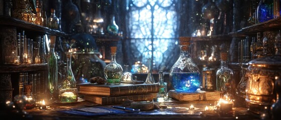 Obraz premium Magical library filled with ancient books and glowing crystals in a mystical setting during twilight