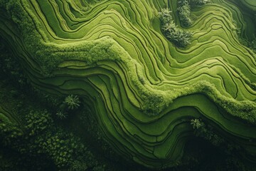 Aerial view of lush green rice terraces.