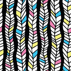 Abstract seamless pattern with braids or trace from car tires. Stripes in printing colors CMYK. Endless repeating bright lines isolated on black background	