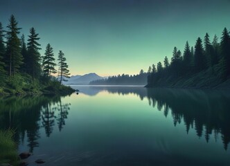 Dark blue and green toned gradient background with a peaceful lake scene, serene, dark blue, lake