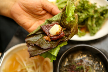 Korean barbecue food. Lettuce and beef wrap