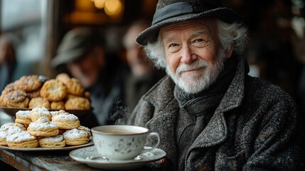 Elderly Gentleman Savoring a Quiet Moment with Tea and Biscuits at Cafe