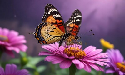 Naklejka premium Delicate butterfly perched on a vibrant purple zinnia flower , flowers, color