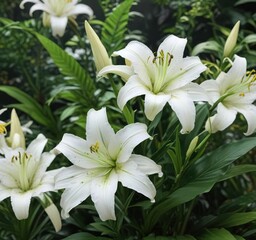 Fototapeta premium delicate white lily flowers with green leafy stems and a lush foliage background , serene landscape , garden decor