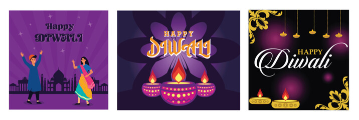 PrintHindu celebrating Diwali. Happy diwali Greeting Card festival celebration. Traditional Diyas and Floral Designs. Set flat vector modern illustration