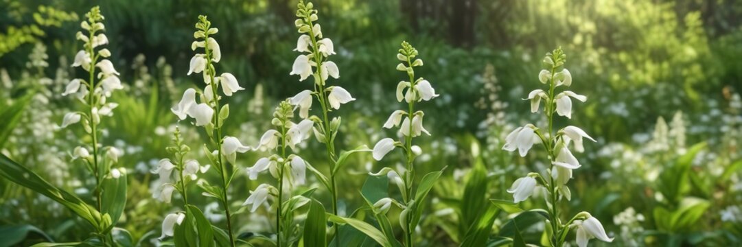 Delicate white flowers of Polygonatum odoratum blooming in a lush meadow on a warm summer day , solitude, meadow, white flowers